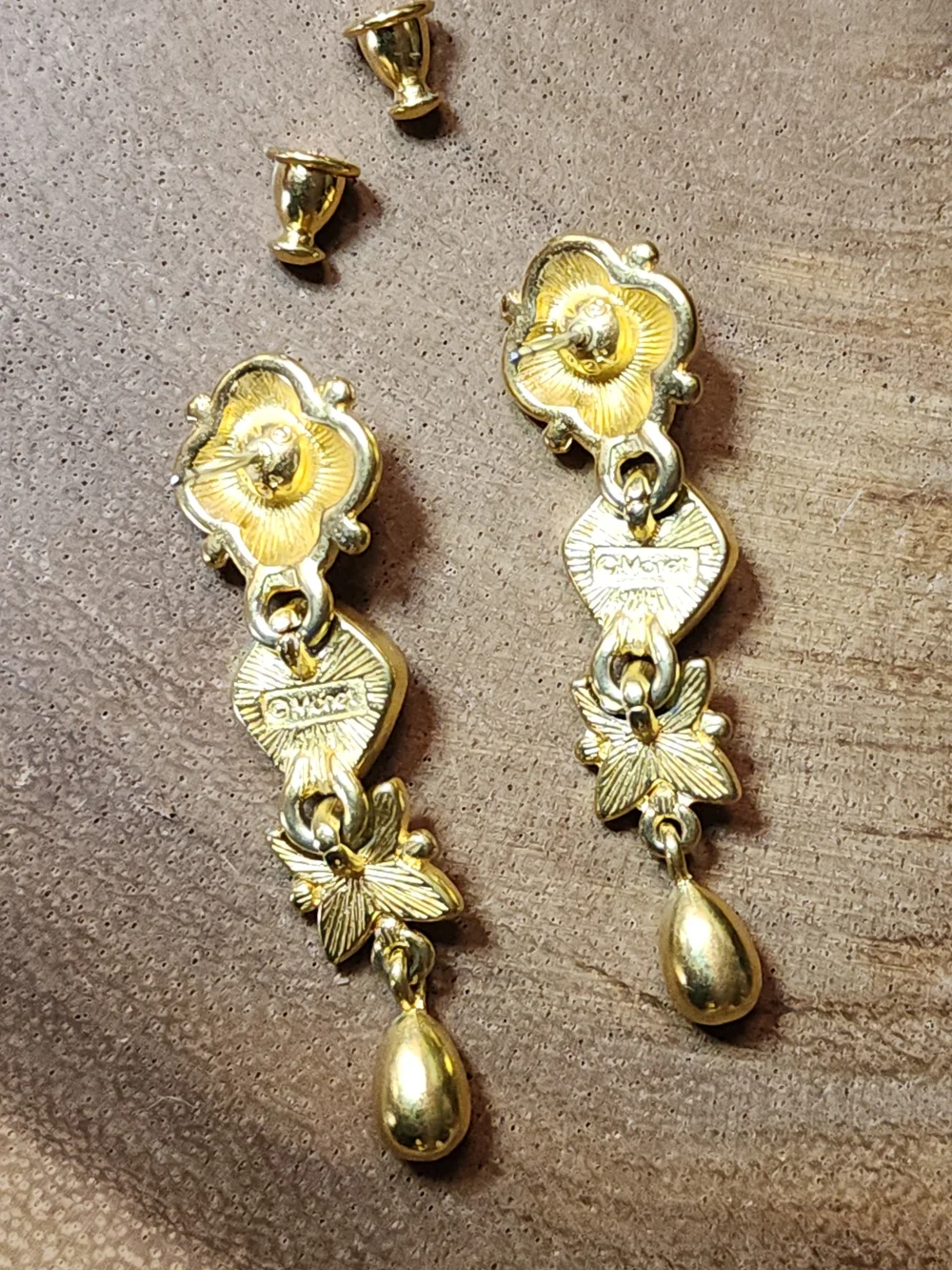 Unique Vintage Gold Floral Drop Earrings - Signed Monet